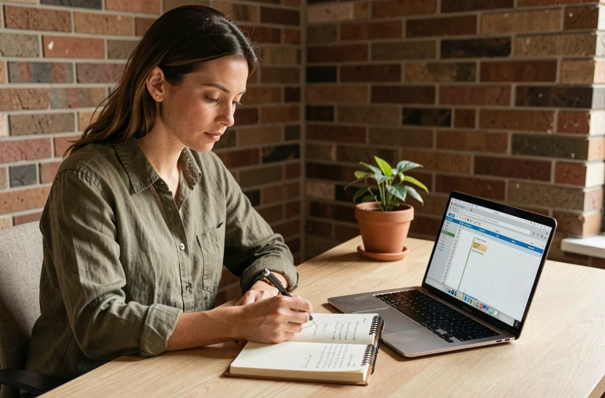 Femme entrepreneur analysant un plan de business de niche dans un bureau à domicile minimaliste