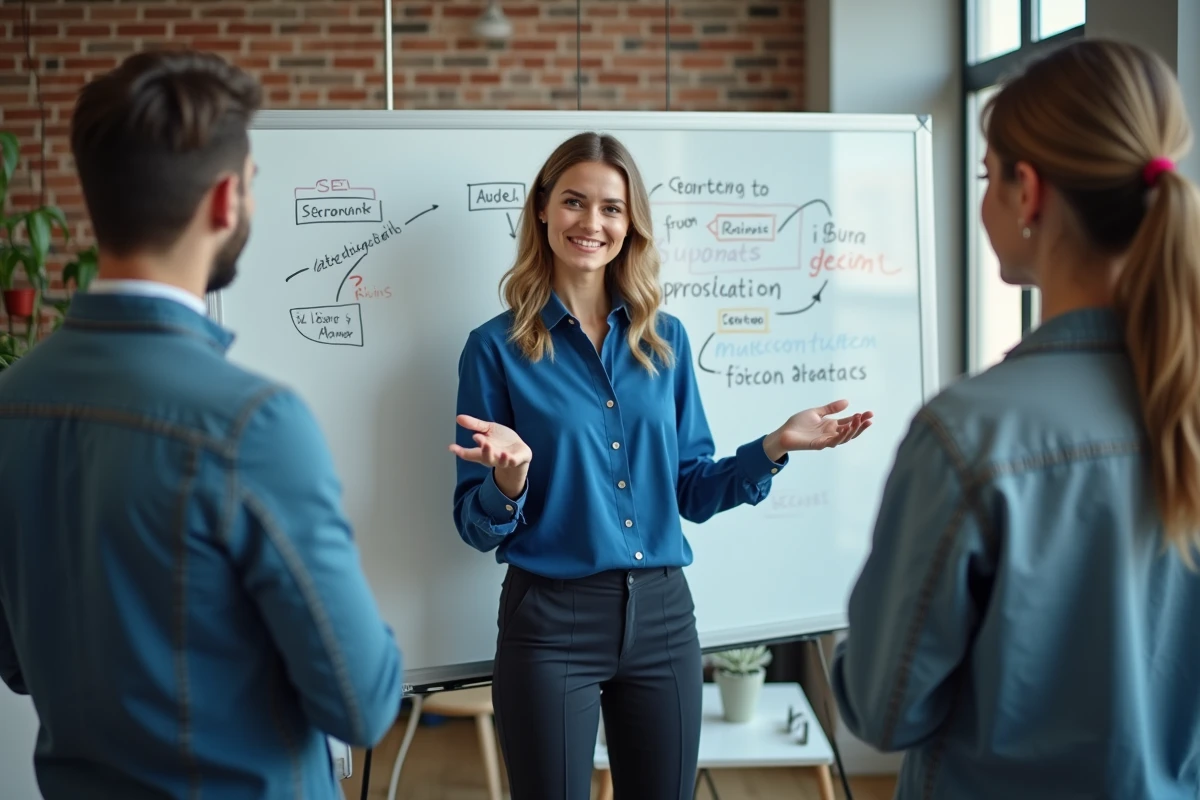 Jeune femme française présentant des stratégies SEO dans un espace de coworking à Paris