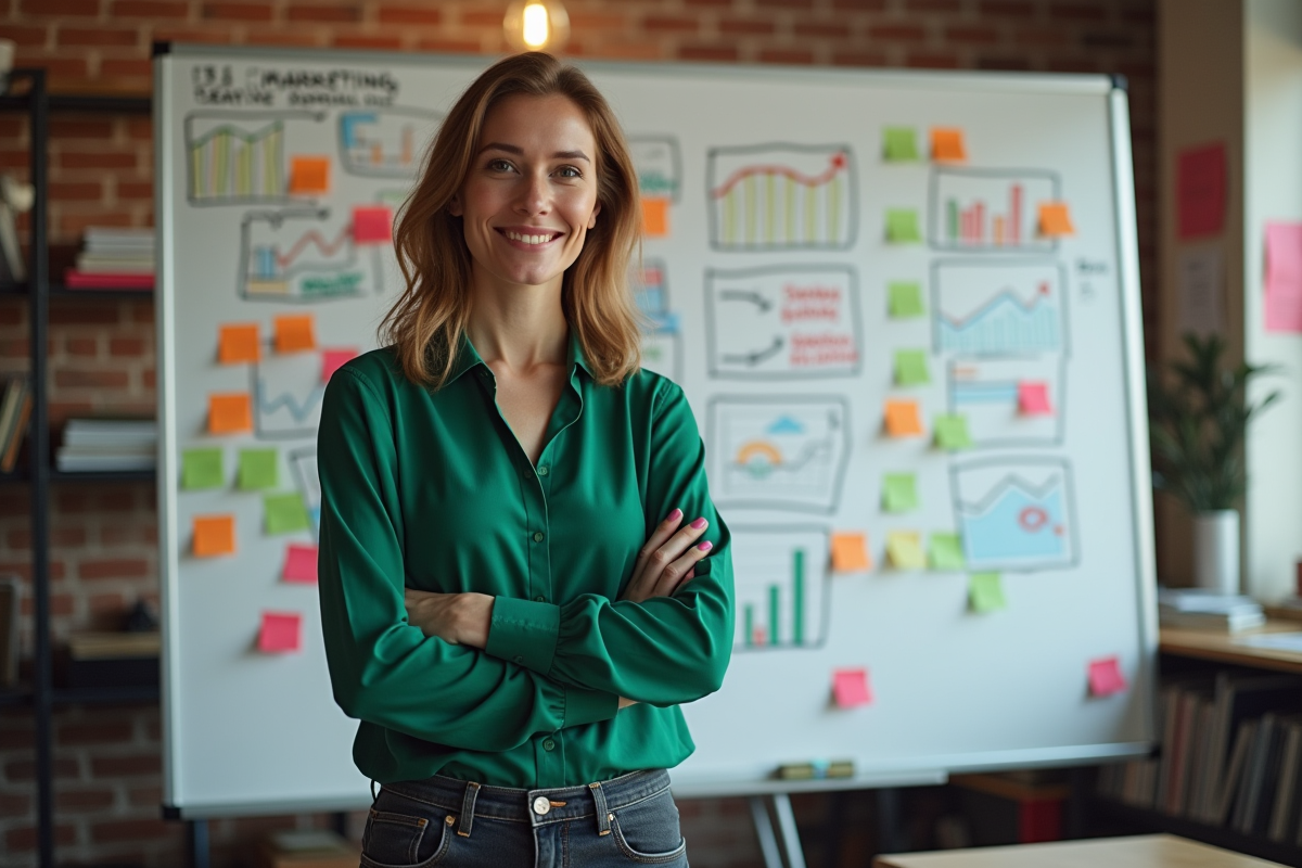 Femme dynamique devant tableau blanc avec diagrammes marketing