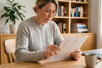 Femme de 40 ans lisant attentivement un relevé de compte ESALIA à son bureau à domicile