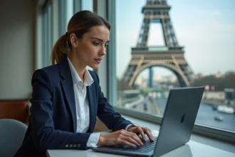 Femme d'affaires analysant des données marketing à Paris