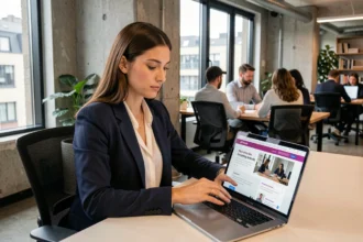 Femme professionnelle consultant des offres d'emploi multilingues sur un ordinateur portable dans un espace de coworking européen moderne