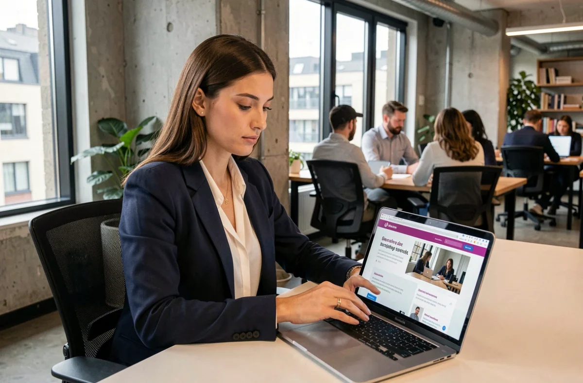 Femme professionnelle consultant des offres d'emploi multilingues sur un ordinateur portable dans un espace de coworking européen moderne