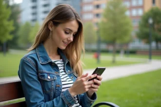 Jeune femme sur un banc dans un parc urbain utilisant son smartphone