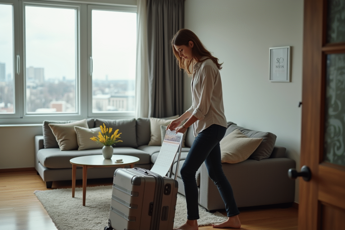 Femme préparant sa valise dans son appartement moderne
