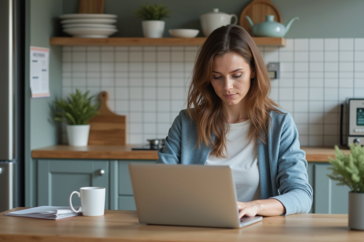 Femme en cuisine préparant une newsletter sur son ordinateur