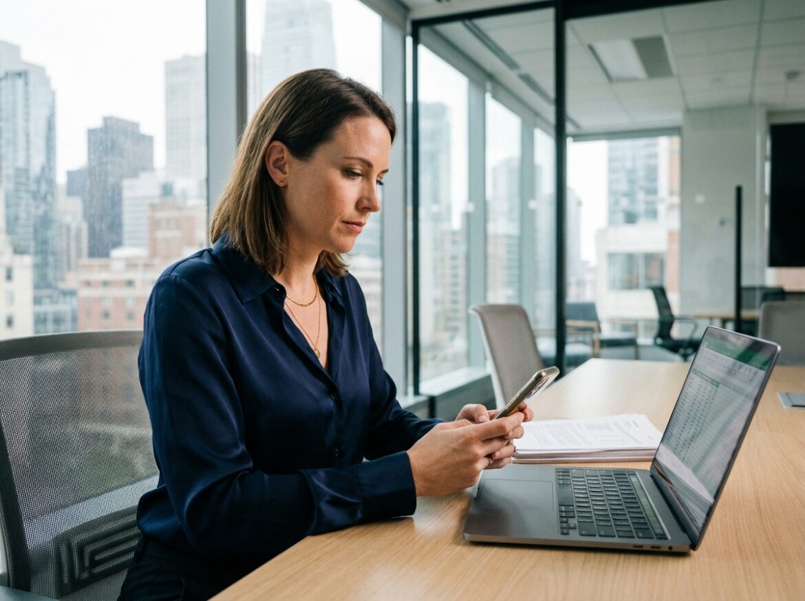 Femme professionnelle au bureau avec smartphone et ordinateur