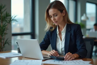 Femme en blazer navy travaillant à son bureau professionnel