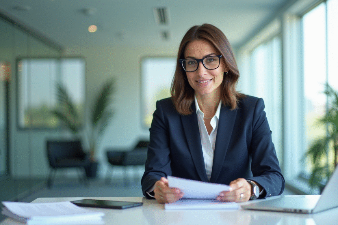Femme en costume bleu examine des documents de conformité