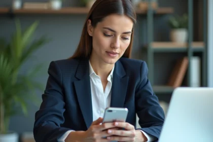 Femme professionnelle utilisant WhatsApp Business sur smartphone avec messages automatiques visibles dans un bureau moderne