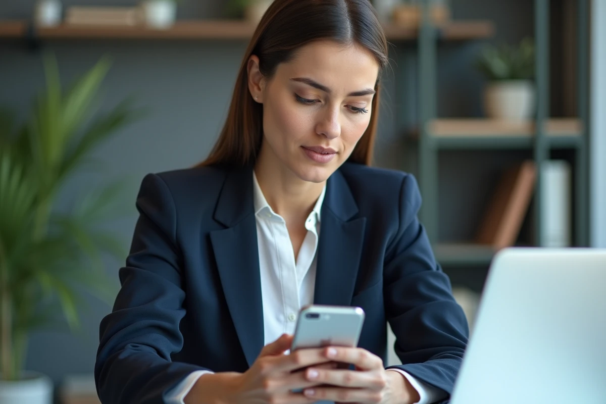 Femme professionnelle utilisant WhatsApp Business sur smartphone avec messages automatiques visibles dans un bureau moderne