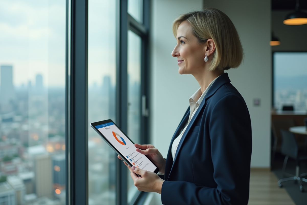Femme d affaires regardant un tableau MQL sur une tablette