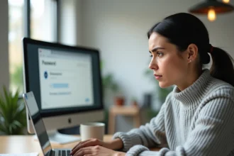 Femme frustrée devant son ordinateur portable essayant de récupérer son mot de passe oublié sur un logiciel de paie