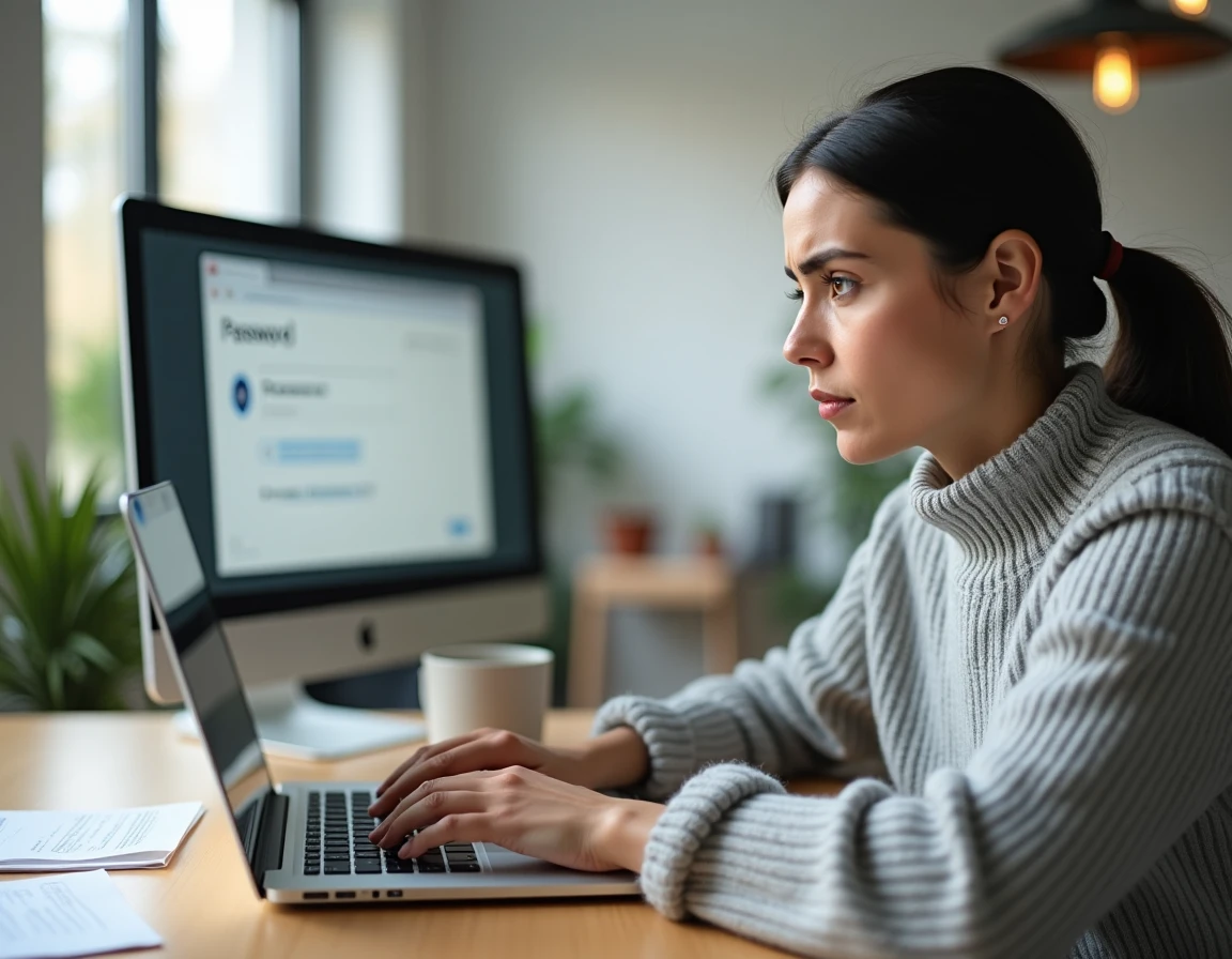 Femme frustrée devant son ordinateur portable essayant de récupérer son mot de passe oublié sur un logiciel de paie