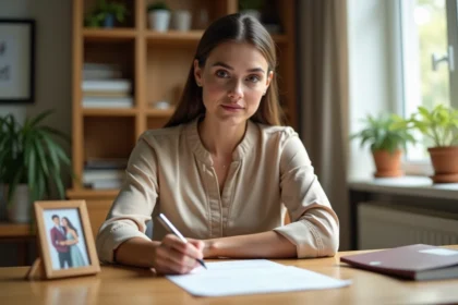 Femme rédigeant une lettre de démission à son bureau à domicile, stylo plume en main, expression sereine et déterminée
