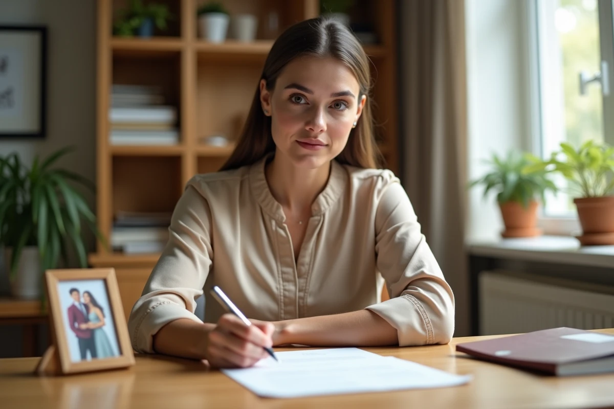 Femme rédigeant une lettre de démission à son bureau à domicile, stylo plume en main, expression sereine et déterminée