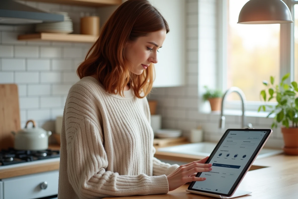 Femme gérant les réglages de confidentialité de son compte Terciel sur une tablette dans une cuisine moderne