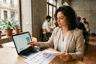 Femme consultant une interface de réservation de coworking sur ordinateur portable dans un espace partagé moderne à Madrid