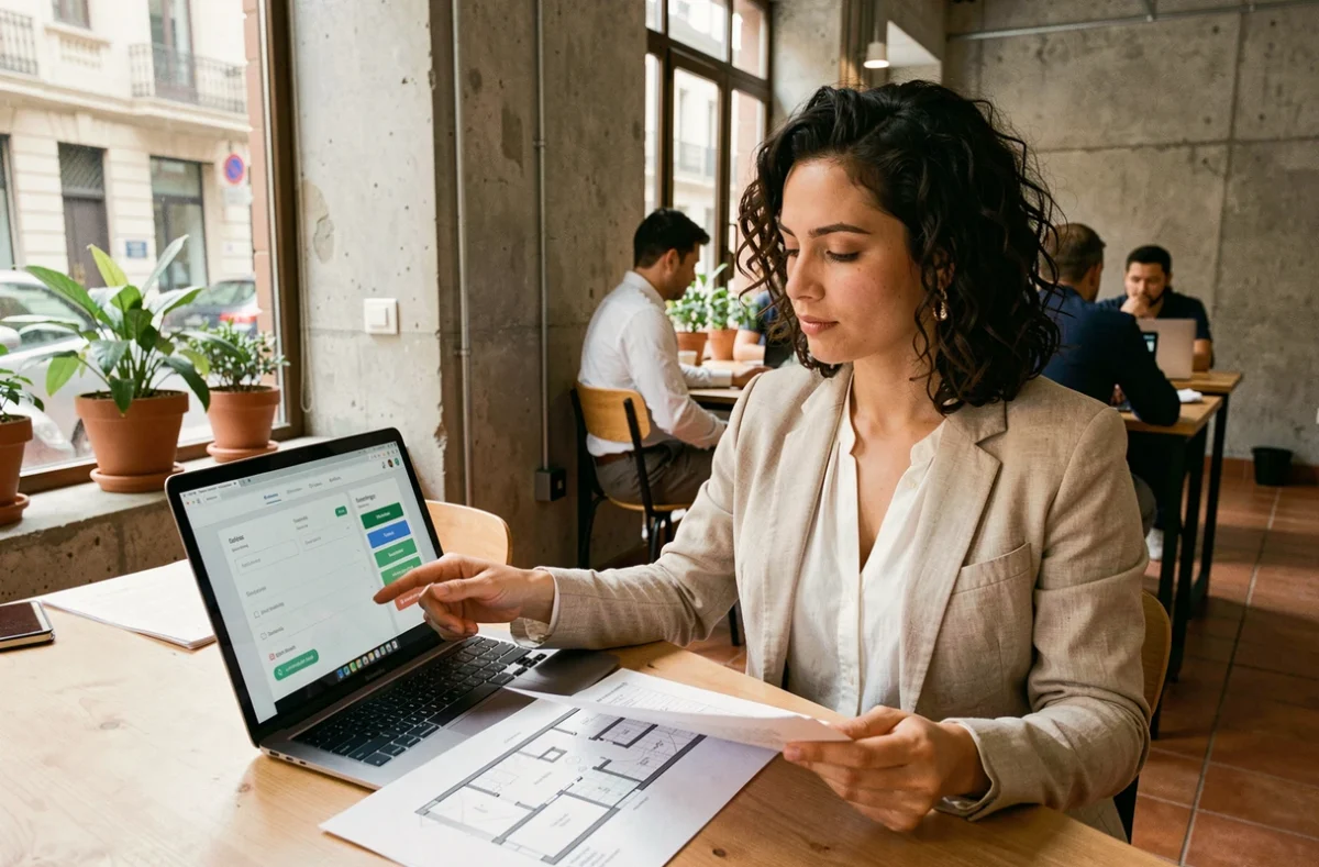 Femme consultant une interface de réservation de coworking sur ordinateur portable dans un espace partagé moderne à Madrid