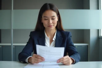 Femme en blazer bleu examine une fiche de paie au bureau