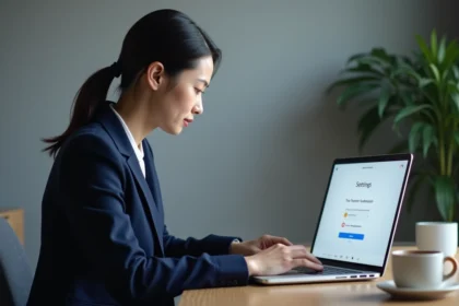 Femme professionnelle configurant les paramètres de sécurité de son compte Terciel sur un ordinateur portable au bureau