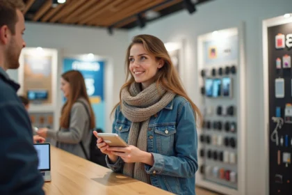 Jeune femme dans un magasin de téléphonie à Lille