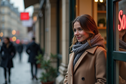 Femme regardant une affiche de soldes dans une boutique parisienne