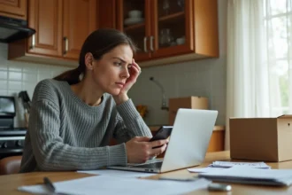 Femme stressée consultant le suivi de colis UPS sur son téléphone à la maison