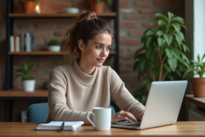 Jeune femme concentrée travaillant sur son ordinateur dans un appartement moderne