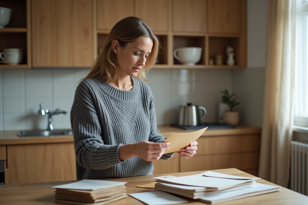 Femme triant son courrier postal sur une table de cuisine en bois dans un appartement moderne