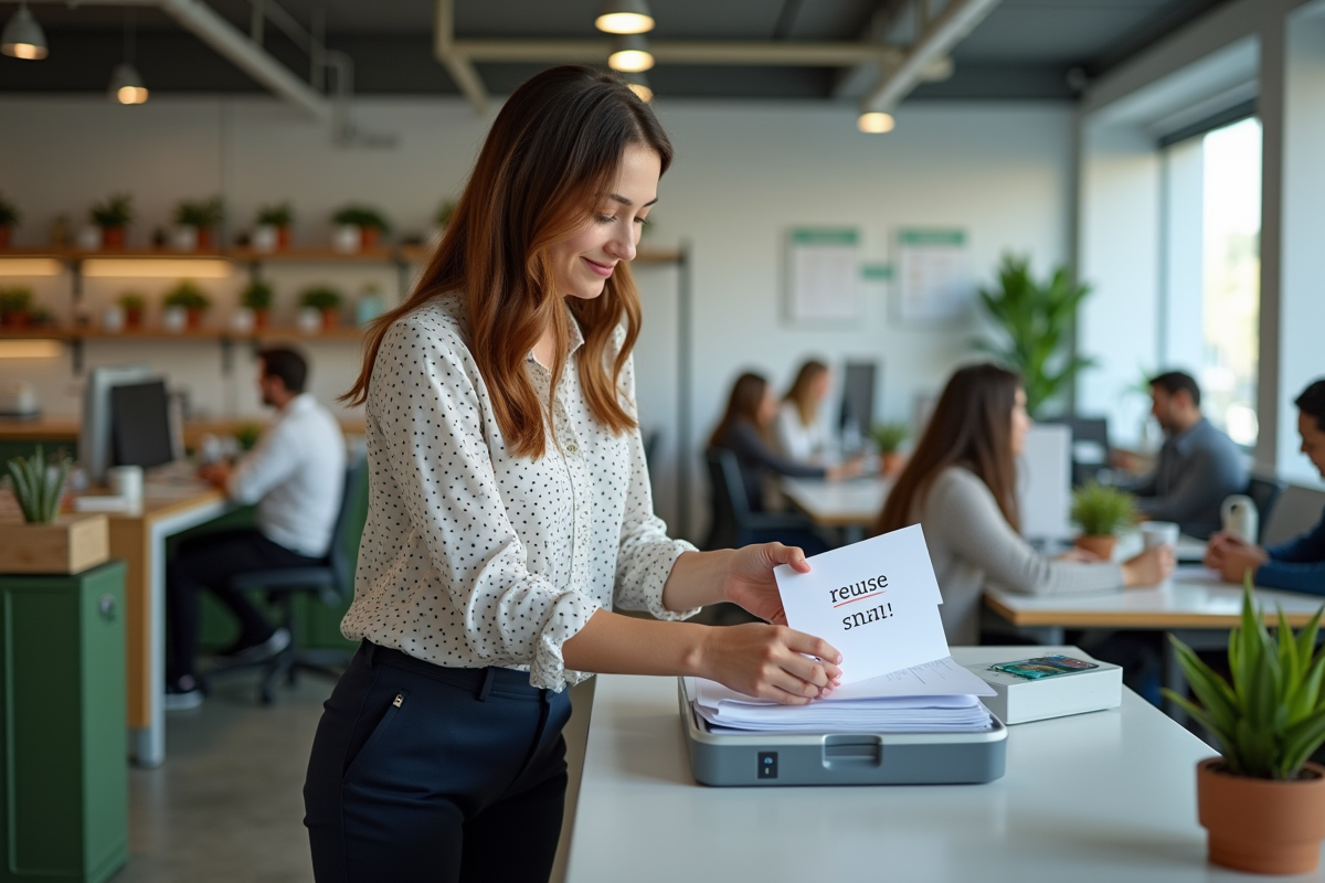Femme collant une étiquette sur du papier recyclé dans un bureau
