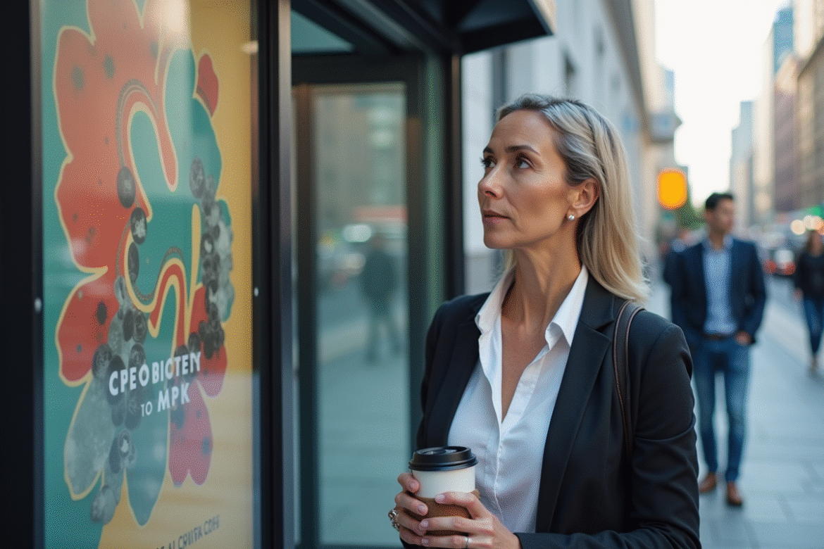 Femme en ville regardant une affiche publicitaire