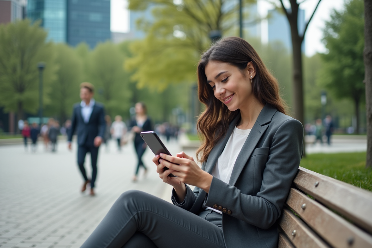 Jeune femme souriante lisant ses e-mails sur un banc de parc en ville