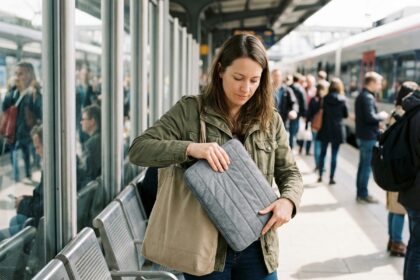 Femme en ville plaçant un ordinateur dans son sac