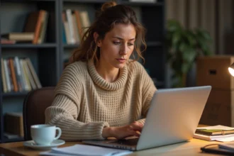 Femme prudente consultant des annonces d'emploi à domicile sur son ordinateur portable dans un bureau maison encombré