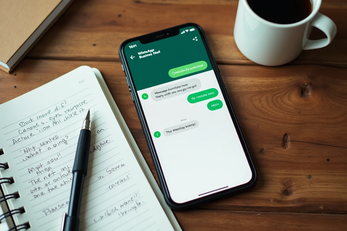 Vue aérienne d'un smartphone affichant des messages automatiques WhatsApp Business sur un bureau en bois avec carnet et café