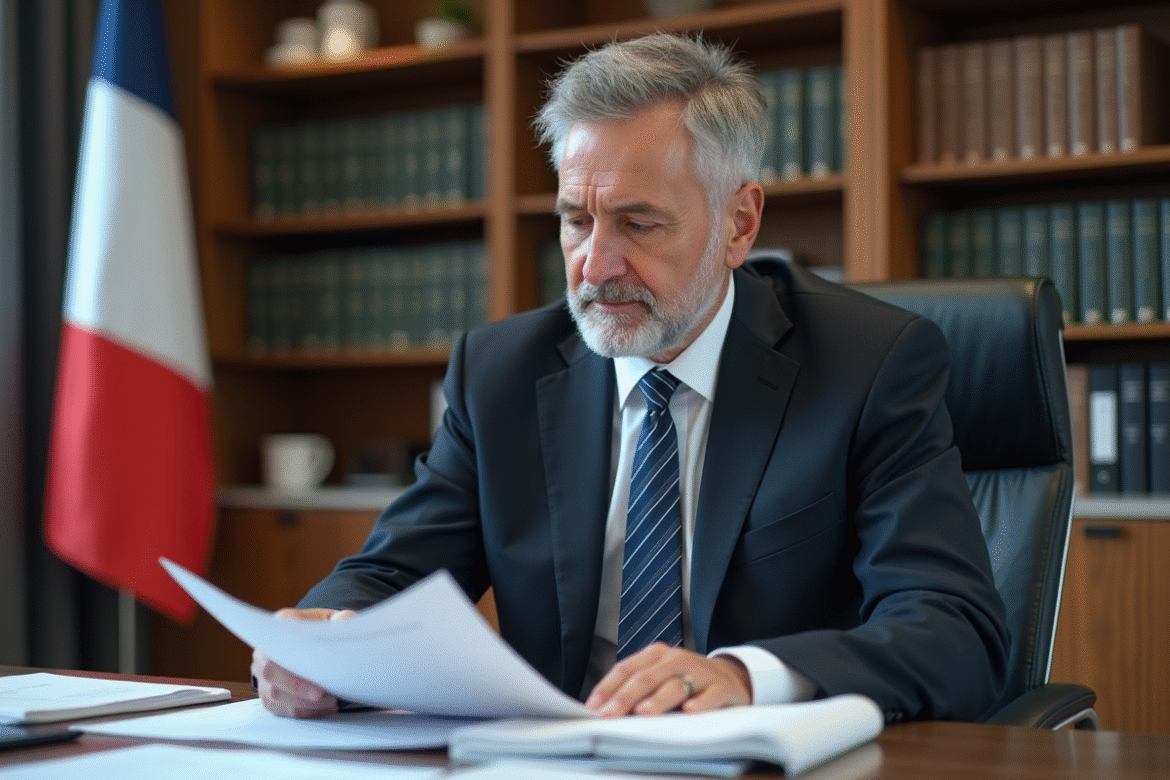 Homme fonctionnaire en costume lisant des papiers officiels