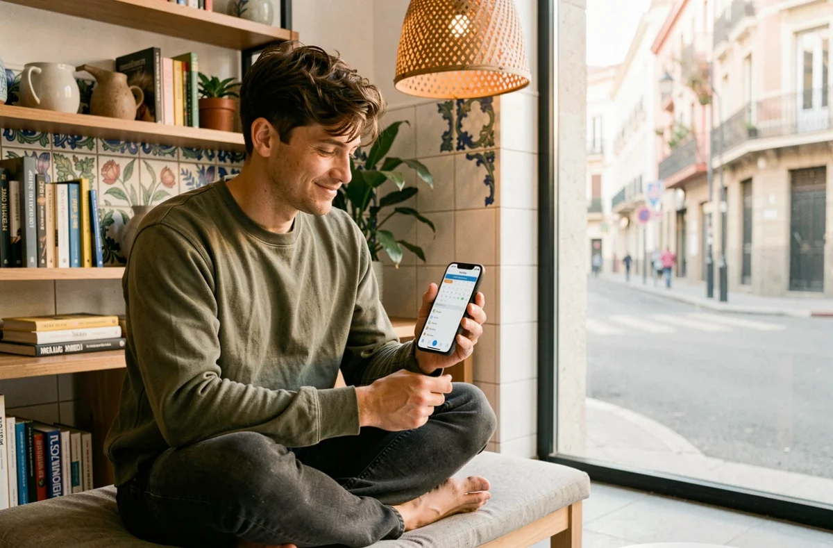 Jeune freelance réservant un espace de coworking sur son téléphone depuis le salon d'un espace moderne à Madrid