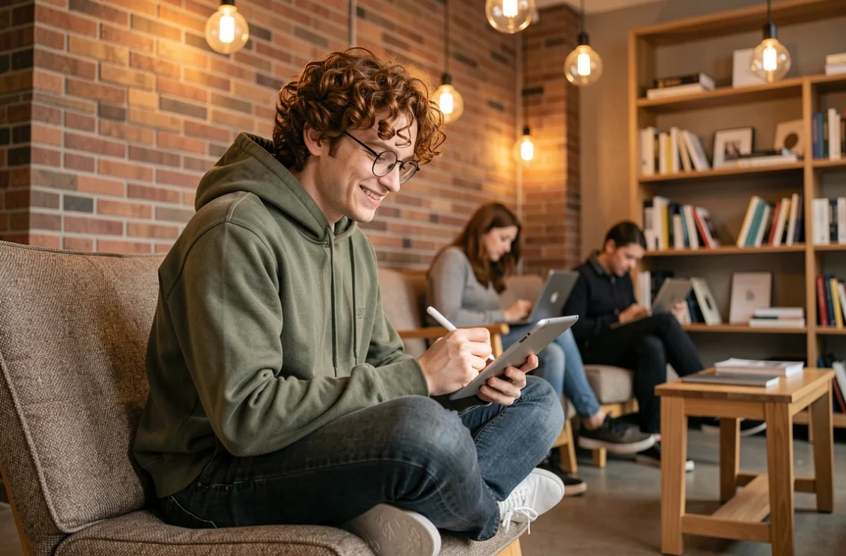 Freelance travaillant dans l'espace détente d'un coworking créatif à Montpellier