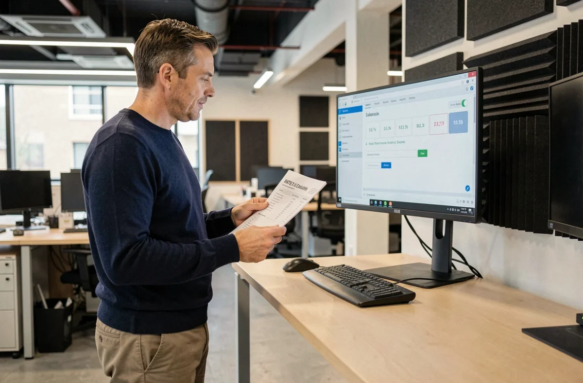 Freelance masculin consultant sa simulation de taux journalier moyen dans un espace de coworking