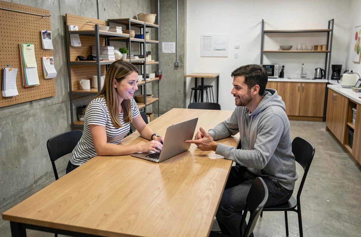 Deux freelances collaborant dans un espace de coworking économique à Besançon