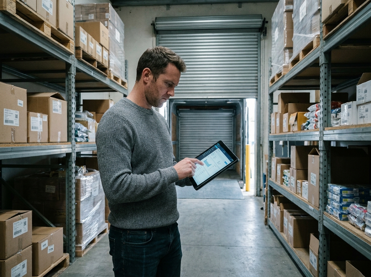 Gérant d'une petite entreprise e-commerce vérifiant son inventaire en entrepôt sur une tablette numérique face aux risques logistiques