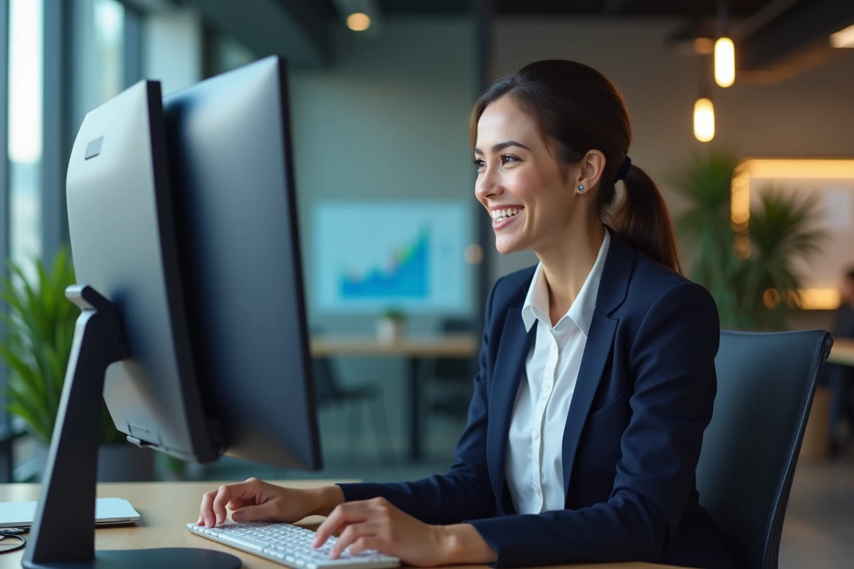 Femme dirigeante utilisant un logiciel de gestion d'entreprise en ligne sur un écran incurvé dans un bureau moderne