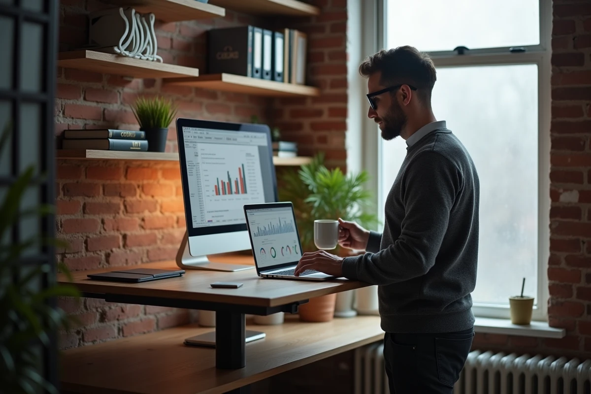 Entrepreneur travaillant depuis son bureau à domicile avec un logiciel de gestion en ligne sur ordinateur portable