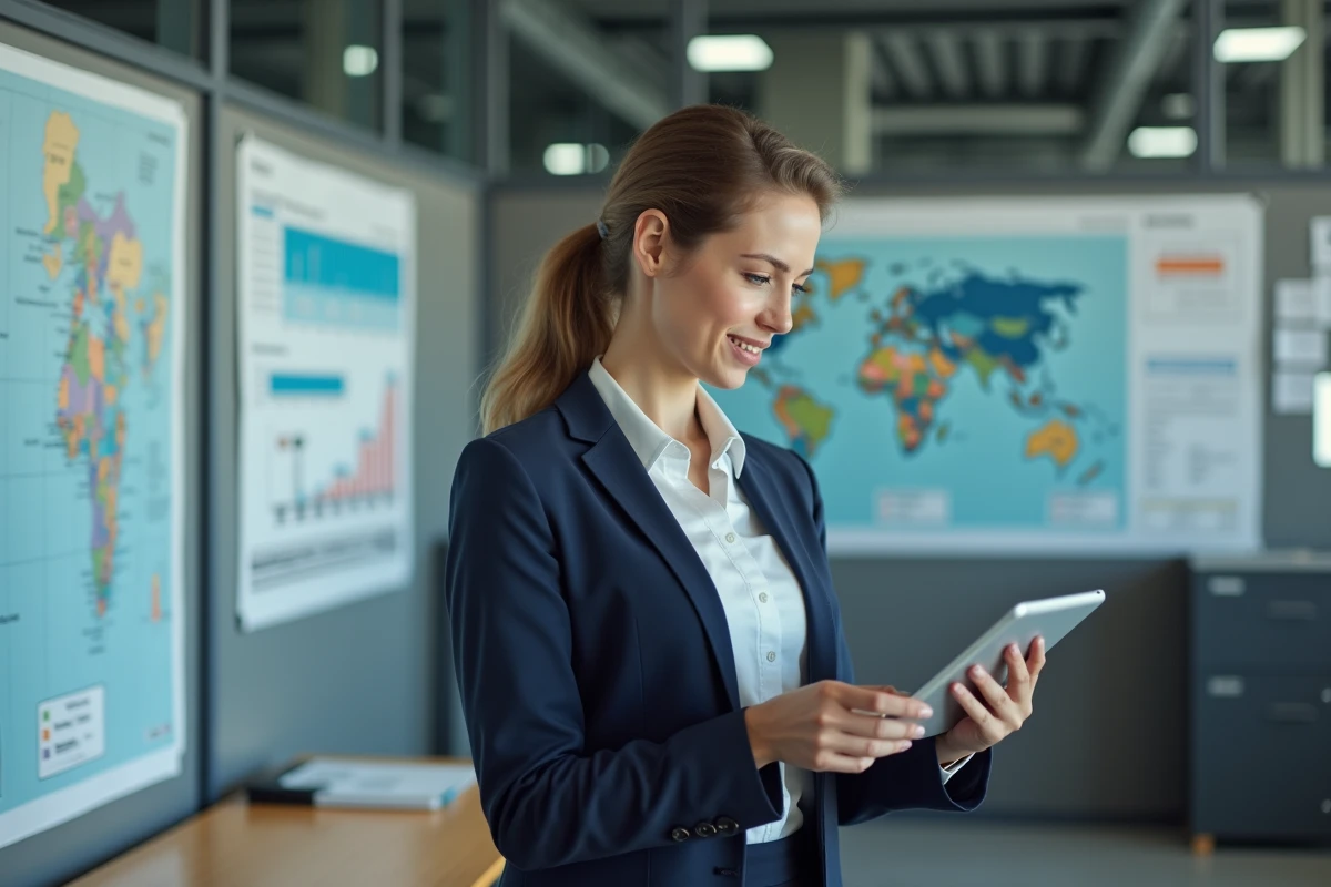 Femme gestionnaire consultant un plan dans un bureau