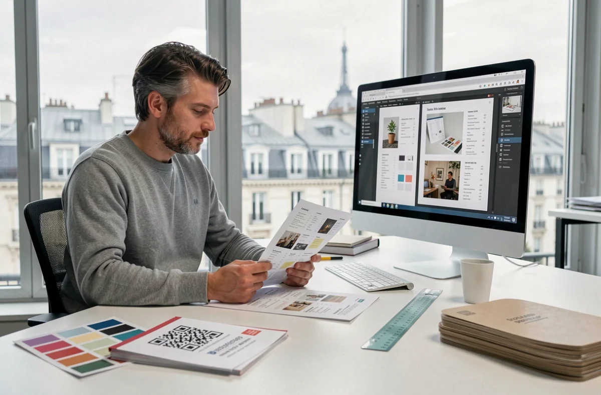 Graphiste comparant des épreuves de menus imprimés et des maquettes numériques dans une imprimerie moderne à Paris 17