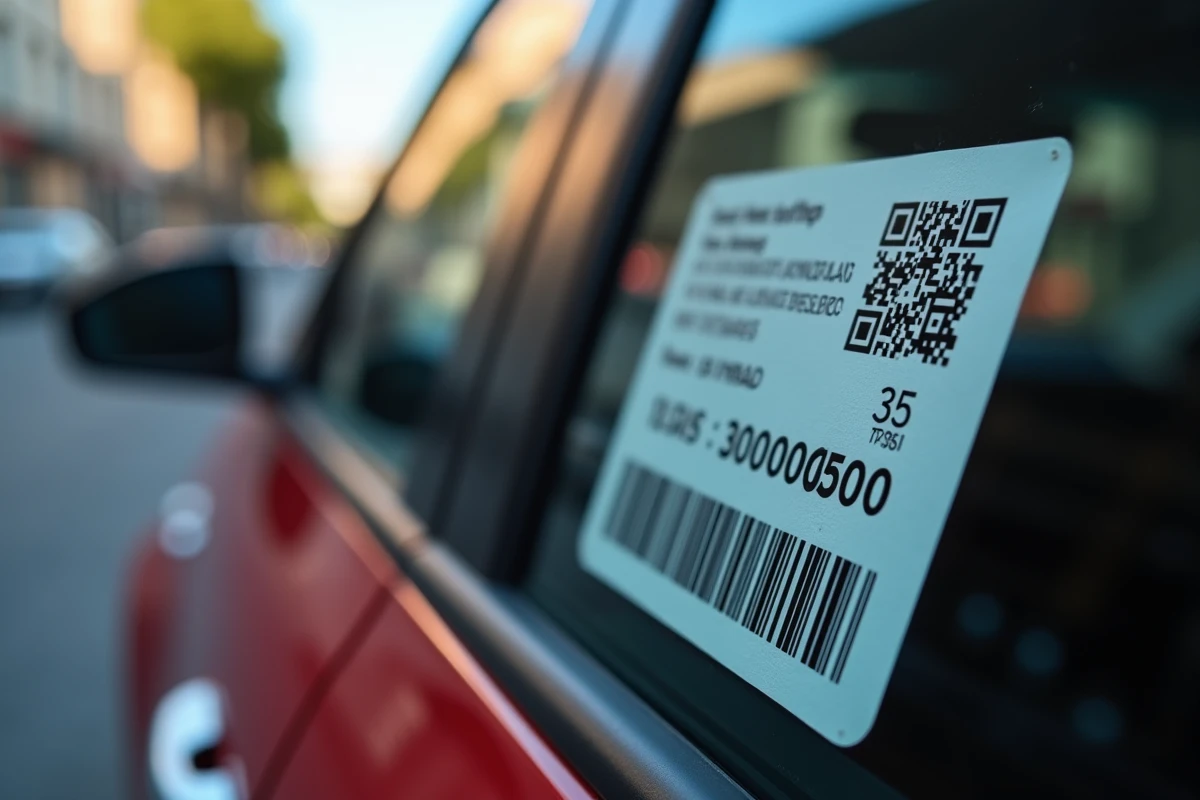 Gros plan d'un autocollant de marquage numérique avec QR code sur la vitre latérale d'une voiture en milieu urbain