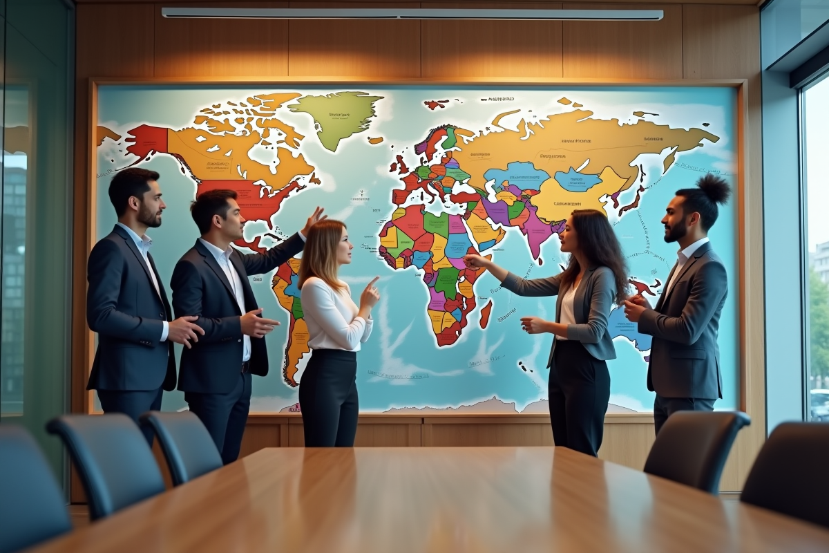 Groupe de jeunes professionnels discutant devant une carte du monde