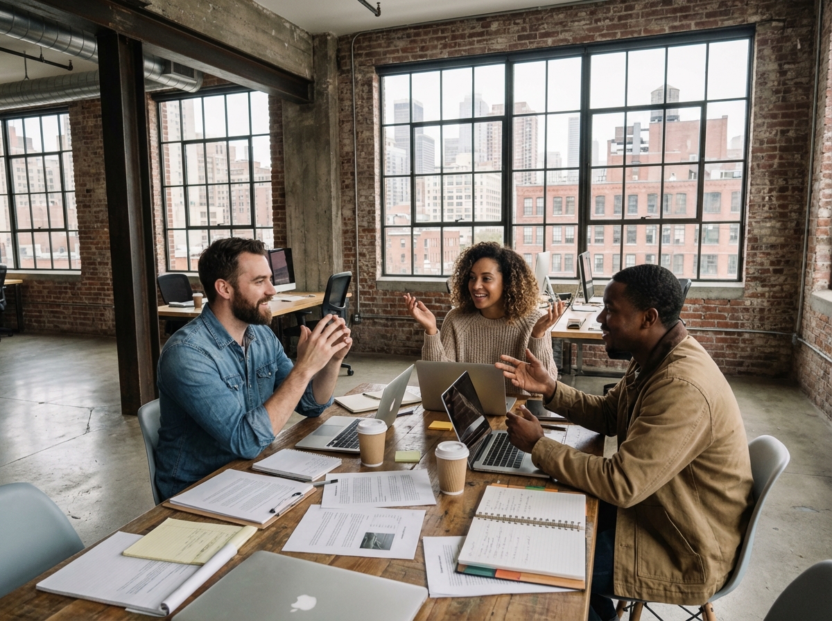 Groupe de jeunes professionnels en discussion pour article sur {titre}