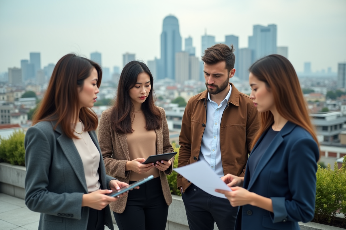 Jeunes professionnels discutant sur un rooftop urbain